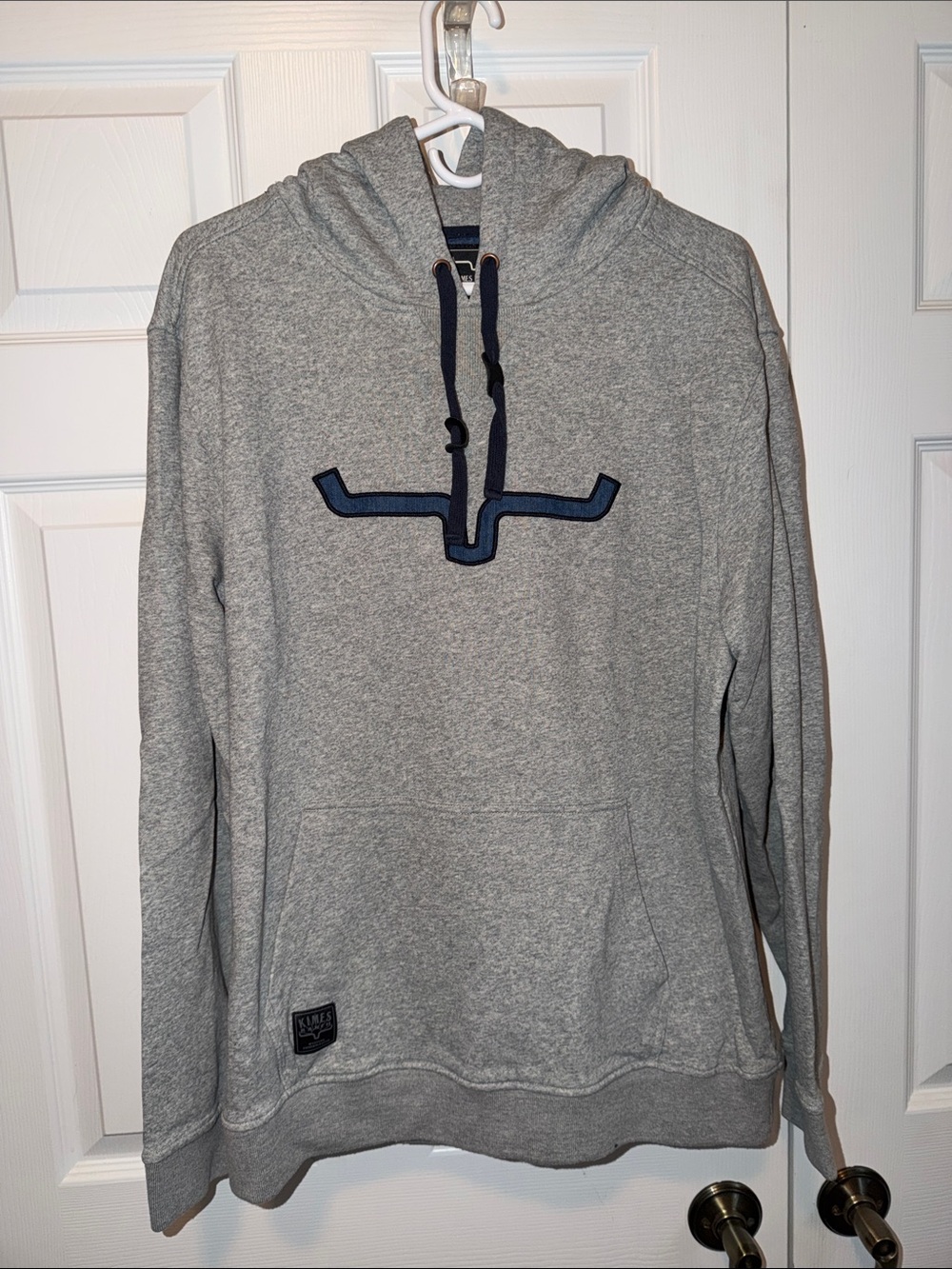Kimes Ranch Gray Hoodie with Navy Logo and Drawcords